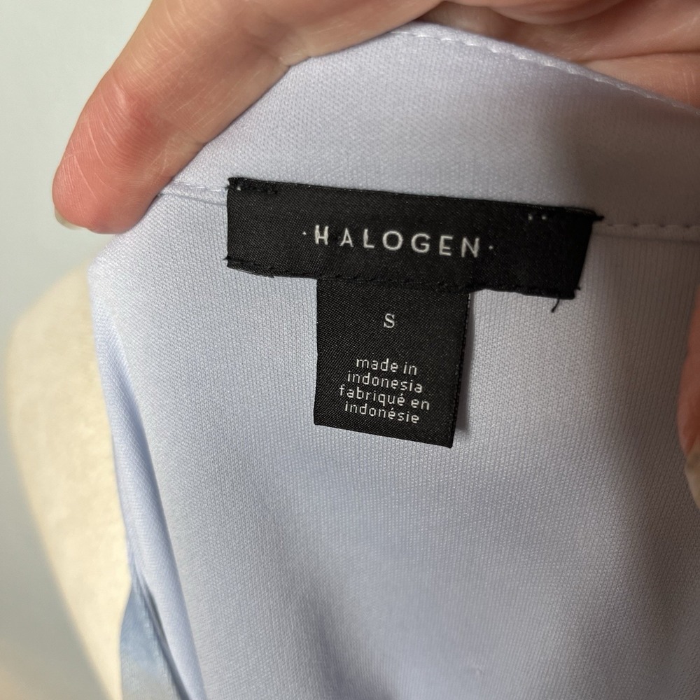 Halogen Women's Ombre Ruched Mesh Button Up Top, Blue/Tan S Y2K Retro - Picture 3 of 5